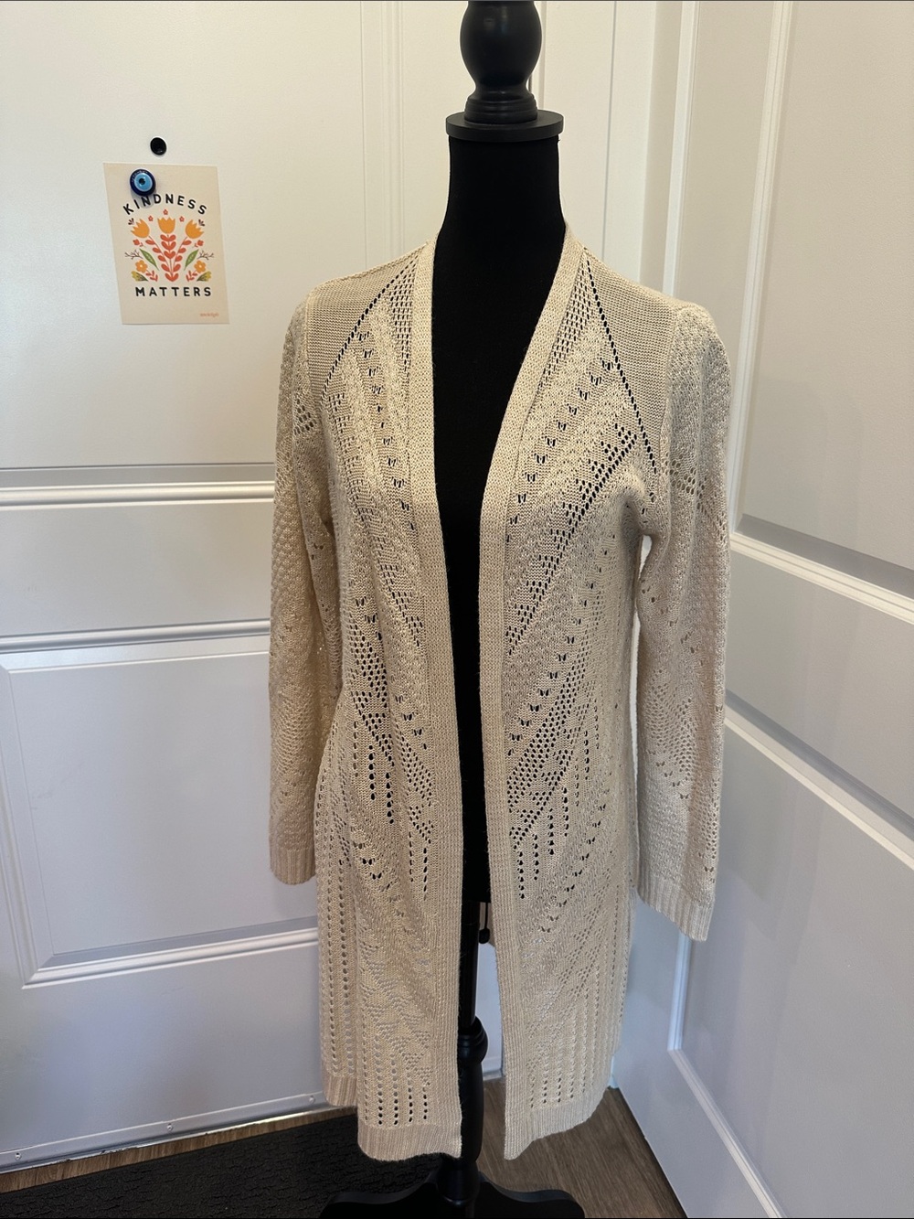 Women's Cream Open-Front Eyelet Knit Longline Cardigan